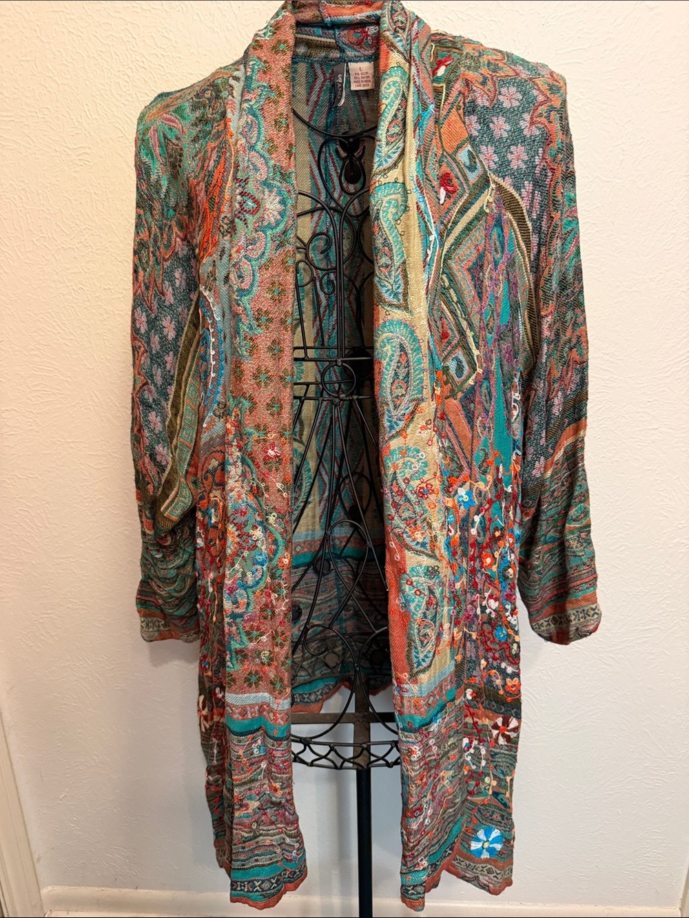 ๐๐๐BOGOHO๐๐๐Anu Boho Paisley Open-Front Cardigan in Teal & Rust-Large - Picture 1 of 12